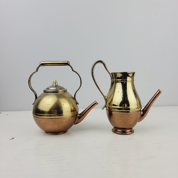 Antique 1930s Miniature Registered Design Brass & Copper Teapots - Picture 1 of 16